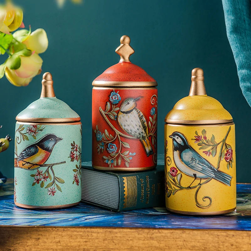 Retro Ceramic Kitchen Canister Vintage Storage Bottles Tea Candy Tin Sugar Pot Pastoral Bird Printing Painted Storage Jar Cans