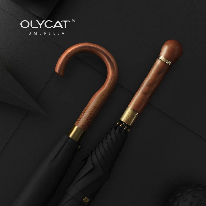 

OLYCAT-Long Straight Umbrella with Curved Handle, High Quality, Business Wooden Handle, 8K Fashion