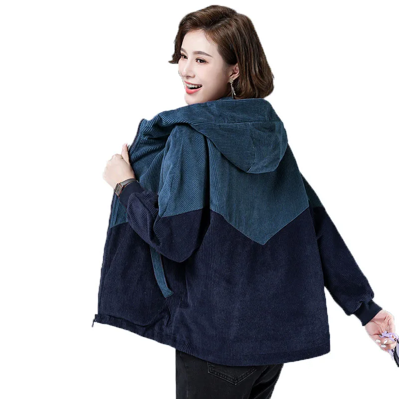 

Women's Corduroy Jacket Ladies Spring Autumn Coat Hooded Jackets Korean 4XL Contrast Corduroy Casual Coat Outwear W13