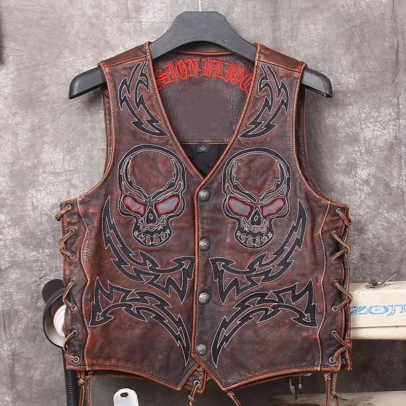 2020 Vintage Red Brown Men Biker\'s Leather Jacket Single Breasted Size XXL Genuine Cowhide Spring Slim Fit Short Motorcycle Vest