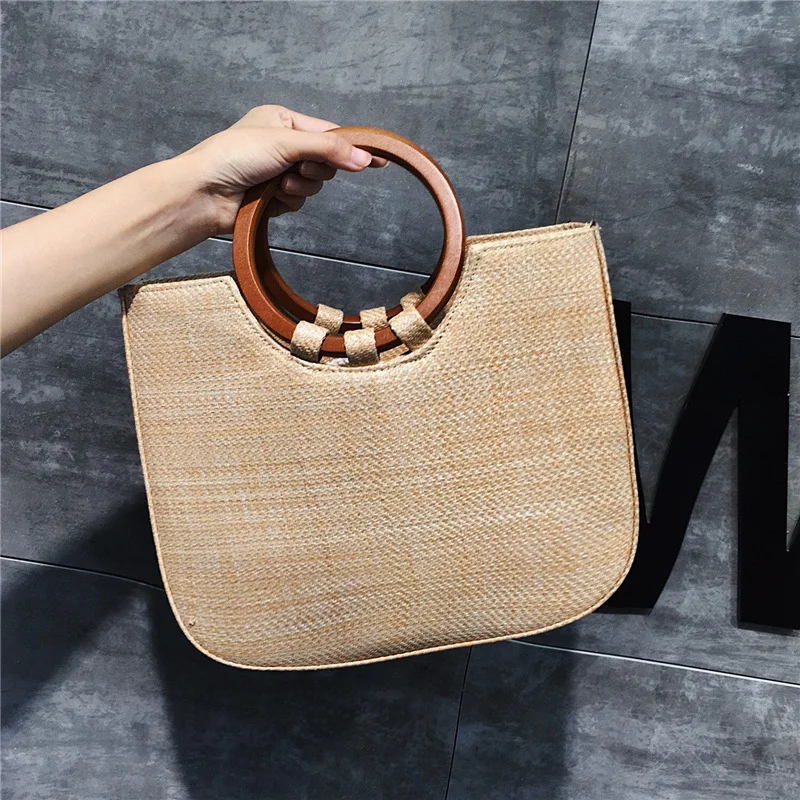 2024 Summer Circle Wooden Handle Knitted Handbag Straw Bags For Women Tote bag Rattan Crossbody bag Beach Hand Bag Bolso