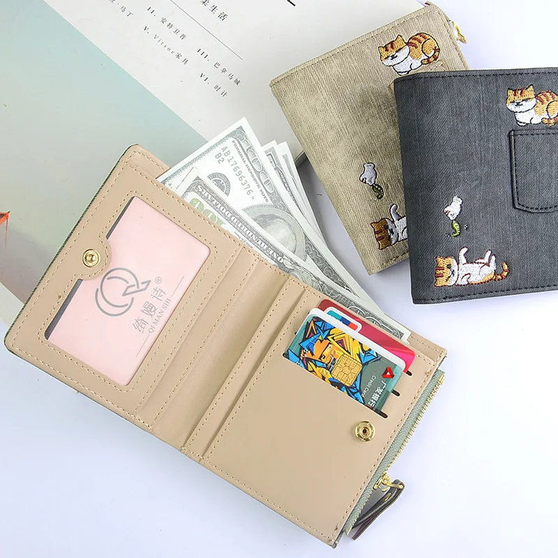 2020 INS Mori Cute Wallet Women Embroidery Cat Wallet Zipper Coin Purse Short Women Wallet Mini Cards Holder Bag Carteras Mujer