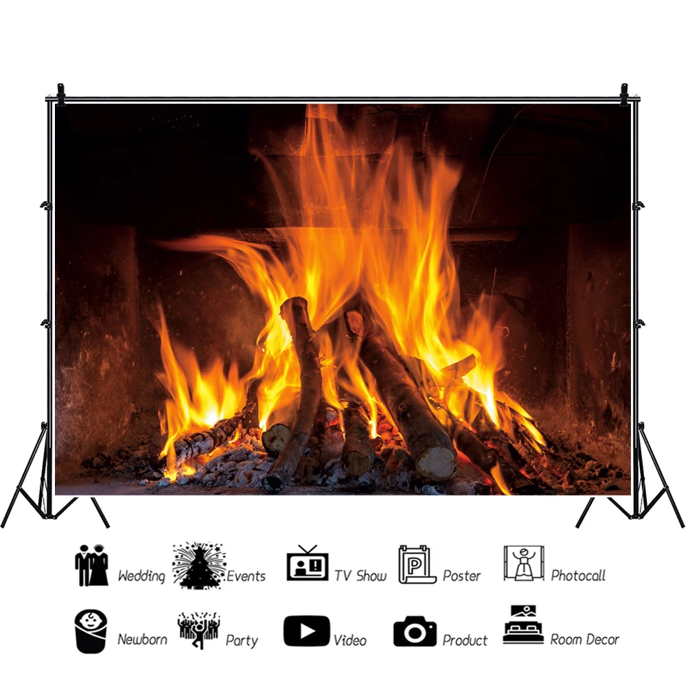 Laeacco Burning Flame Fire Wood Winter Fireplace Poster Family Photo Photocall Background Child Photography Backdrop Photostudio