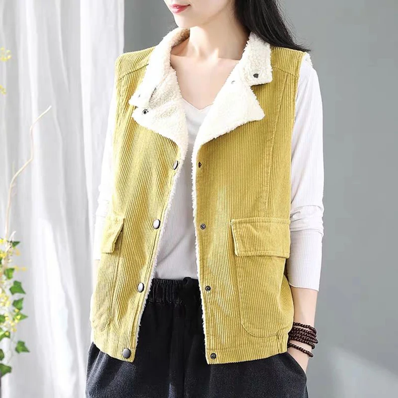 

Idopy Women`s Corduroy Denim Vest Candy Color Cute Waistcoat Jeans Fleece Winter Fur Street Style Sleeveless Coat Tops For Lady