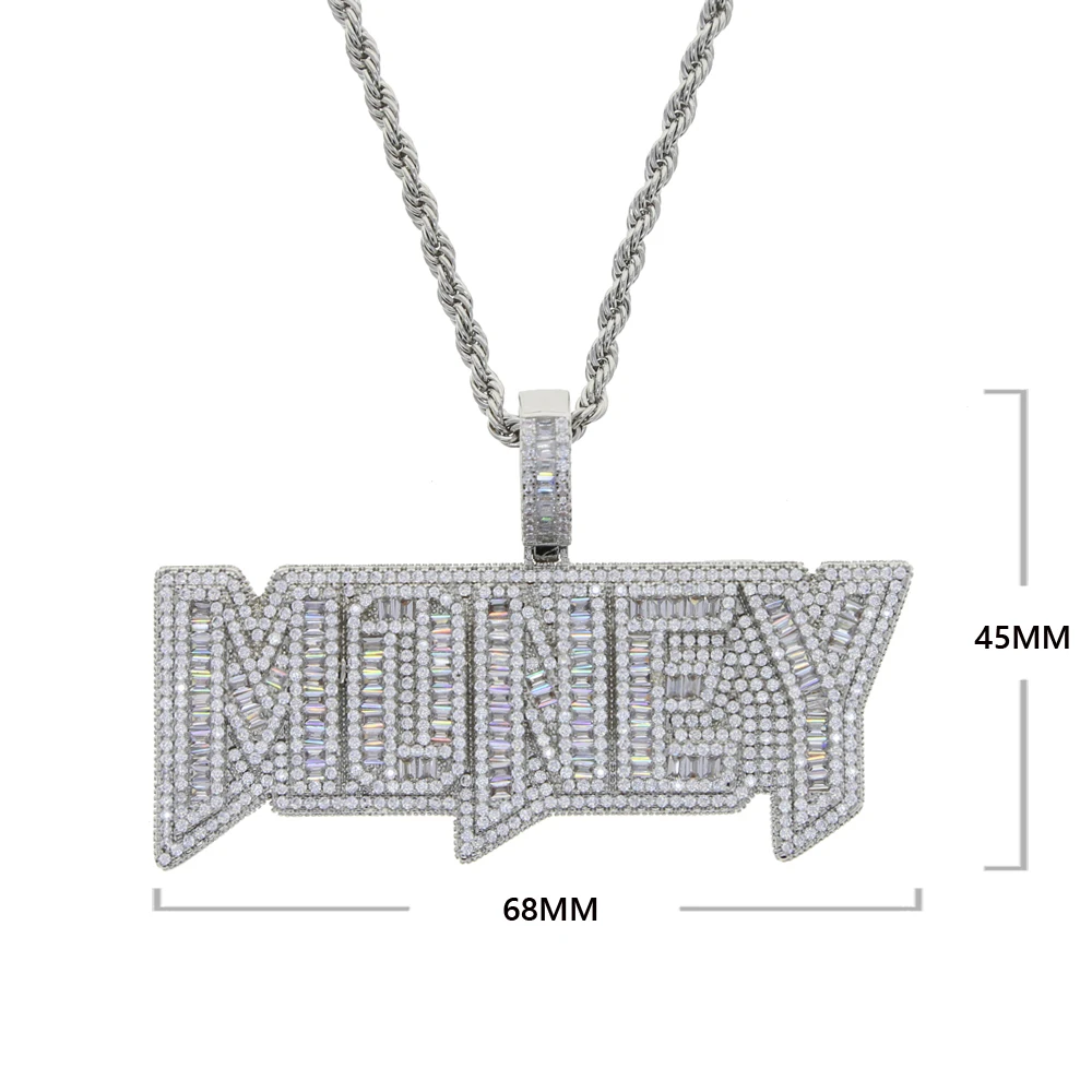 New Iced Out Bling Letters Money Pendant Necklace Gold Silver Color Rectangle CZ Zircon Charm Men's Women Hip Hop Jewelry