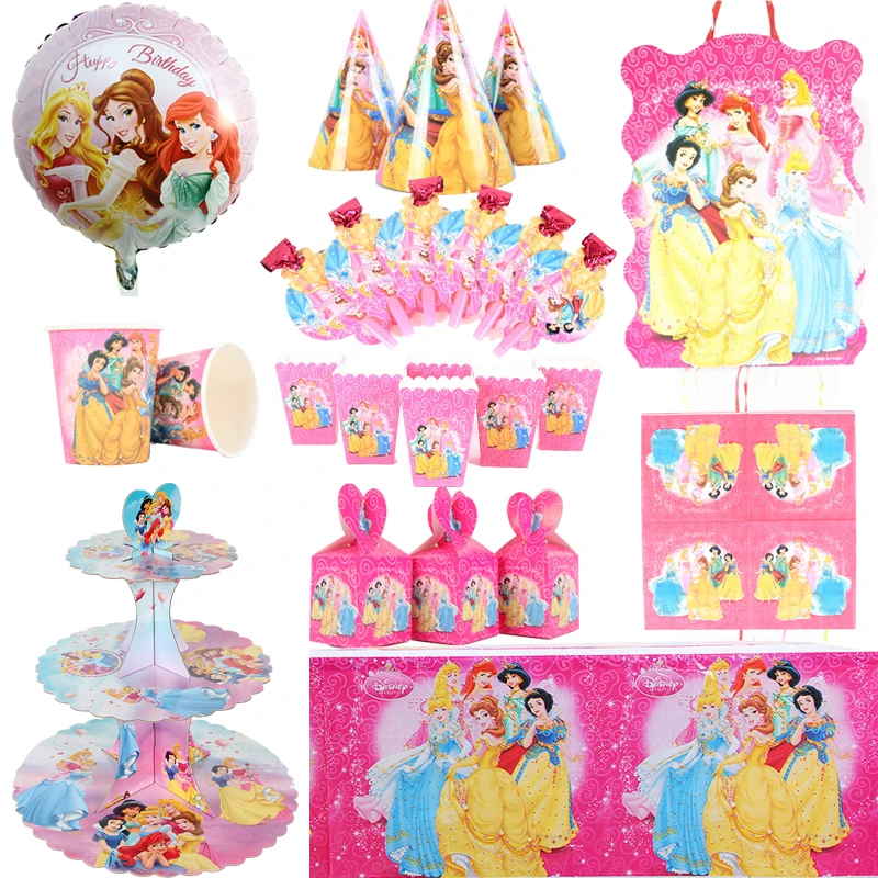 Disney Princess Happy Girl Child Birthday Theme Party Decoration Set Party Supplies Cup Plate Banner Hat Straw Loot Bag Cake Dec