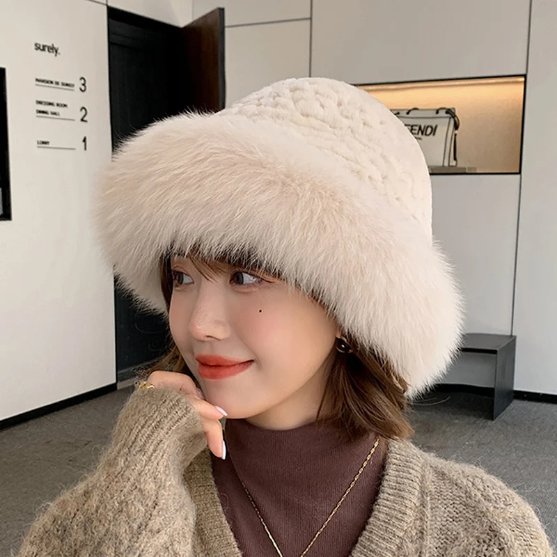 

ZDFURS*Rex Rabbit Fur Hat Fox Fur Earmuffs Women's Genuine Straw Hat Korean Style Billycock Winter Warm Fisherman Basin Hat