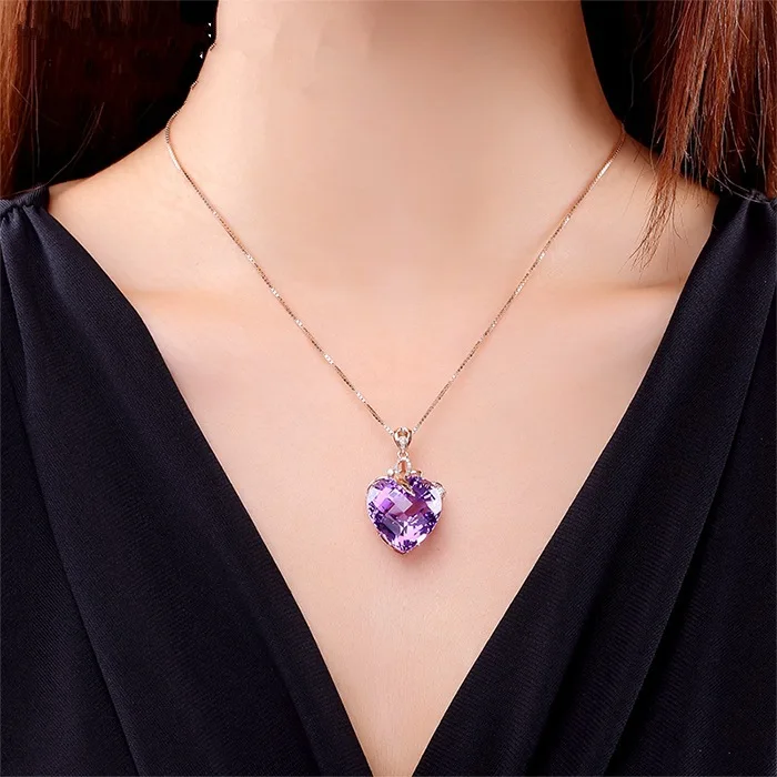 Heart Shape 18K Rose Gold Pendant Amethyst Stone Silver Color Party Wedding Pendant necalace for women Statement Jewelry