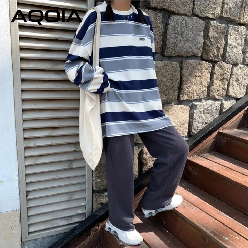 2022 Autumn Harajuku Oversize Striped Women Thin Sweatshirt Loose O Neck Women Hoodies Sweatshirt Plus Size Female Pullovers