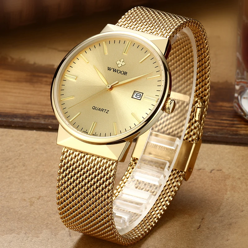 Gold Watch Men WWOOR Top Brand Famous Male Clock Steel Mesh Waterproof Watch Luxury Golden Quartz Wrist Watch Relogio Masculino