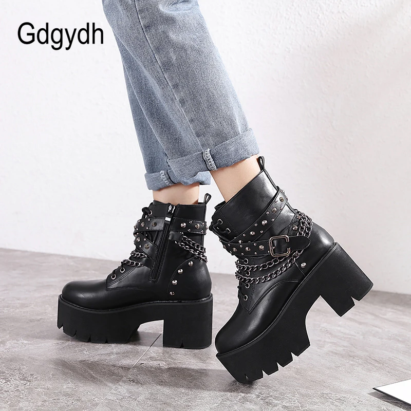 Gdgydh 2022 Gothic Black Ankle Boots For Women Plus High Heel Female Shoes Lace-Up Nigh Club Black Sexy Rivets Chain Short Boots