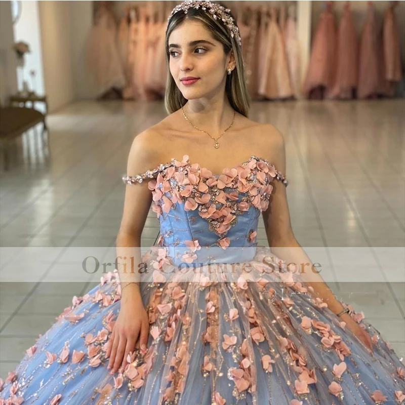 Vestido de quinceañera con hombros descubiertos para niña, vestido de fiesta de graduación mexicana con apliques florales en 3D, corsé trasero, 15 años, 2022