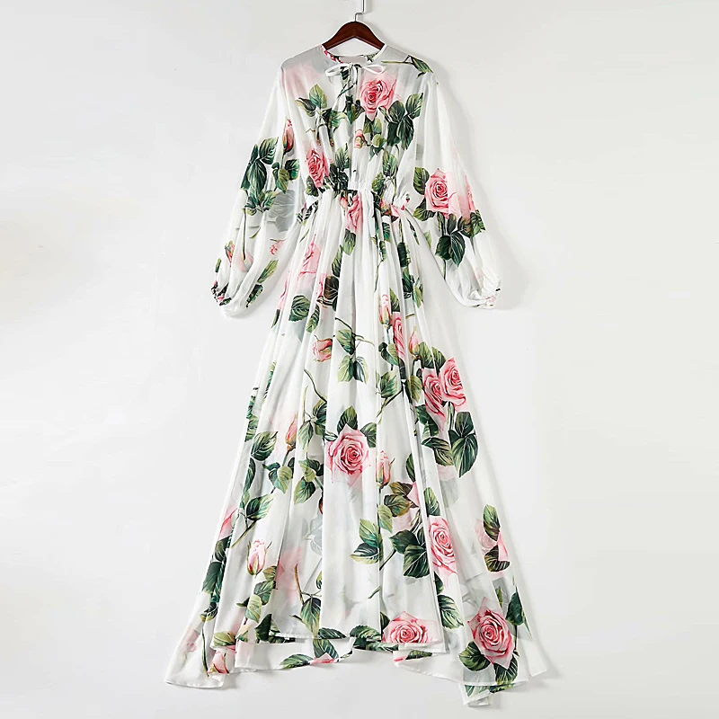 Long Dress Runway High Quality Spring Autumn New Women Bohemian Beach Fashion Party Vintage Elegant Chic Print Chiffon Dresses