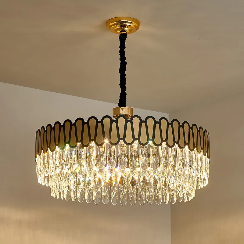 FKL Modern Gold And Black Crystal Chandeliers for Dining room living room Rectangle Kitchen Island Lamps  LED Round  Home Lamp