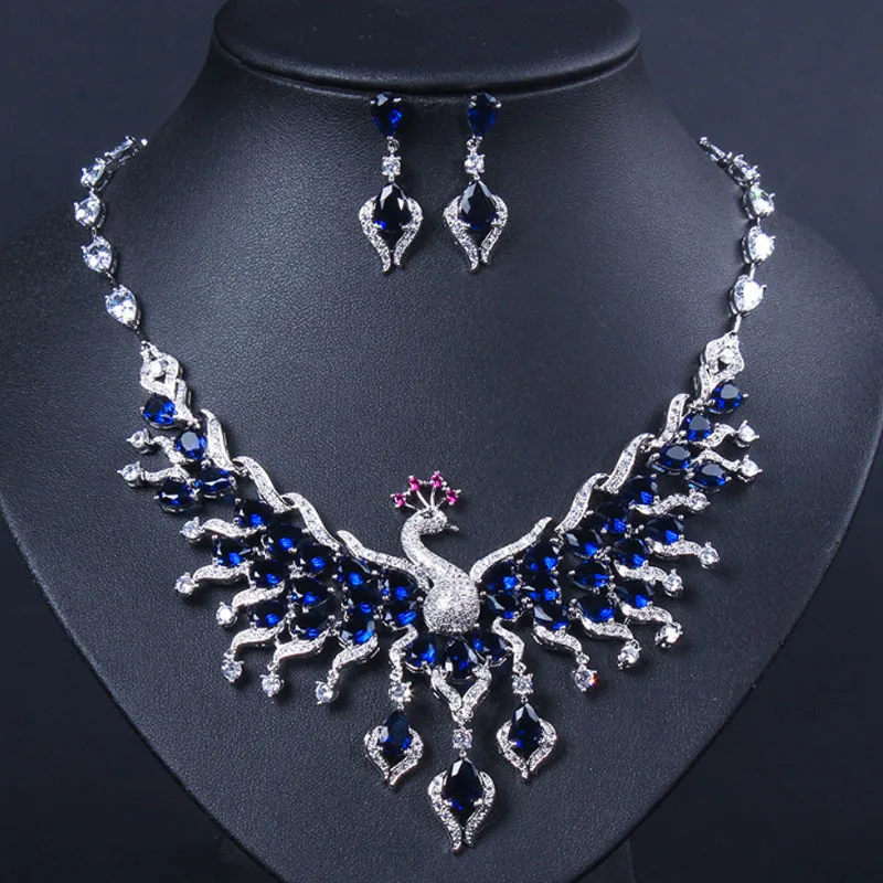 

Zlxgirl bridal jewelry luxury Brand big Size Copper peacock animal Earrings and Pendant Necklace Fashion Ladies Jewelry Sets