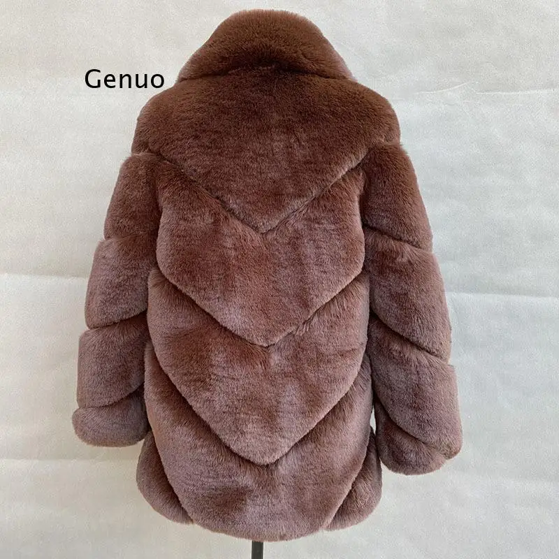 2021 Winter Neue Mode Weiche Faux Kaninchen Fell Mantel Frauen Drehen Unten Kragen Flauschigen Warme Gefälschte Pelz Mäntel Jacke