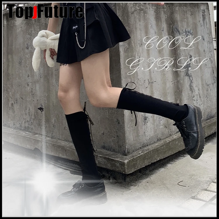 Gothic lolita Dark Harajuku lace UP bow black jk uniform stockings long socks lolita cosplay dark black devil stockings