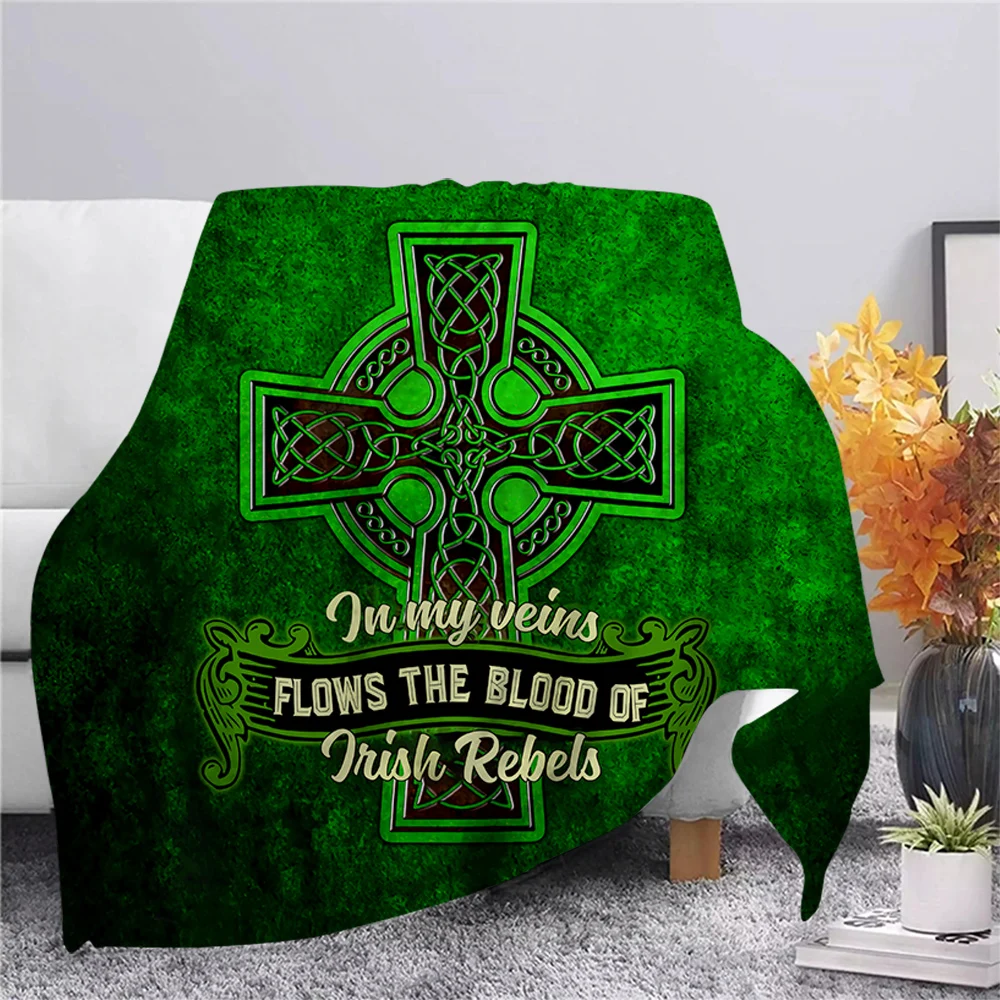 

HX St. Patrick's Day Flannel Blanket 3D Graphic In My Veins Flows The Blood of Irish Rebels Print Throw Blanket Plush Quilts