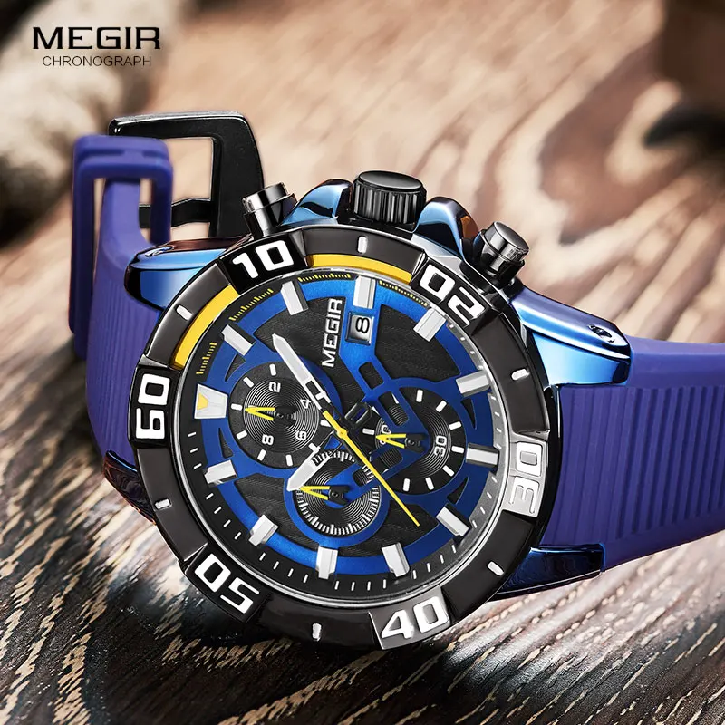 MEGIR Luxury Blue Watch Men Top Brand Silicone Bracelet Sport Chronograph Quartz Wrist Watches Man Relogio Masculino Clock 2121