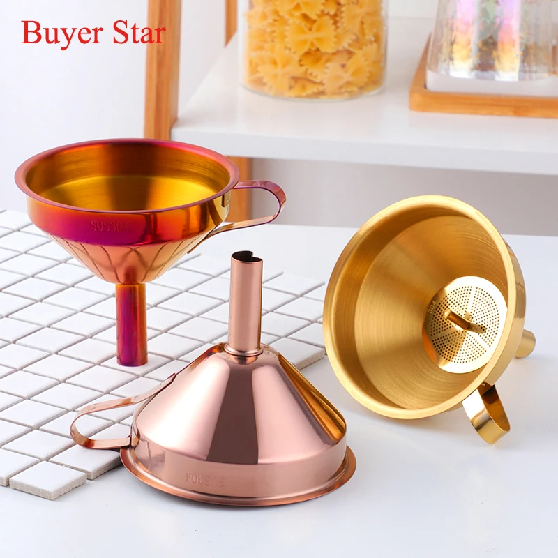 1pcs Hangable 10.7cm Stainless steel funnel Kitchen gadget household Gold metal Funnels set Spices Wine Flask Filter table tools