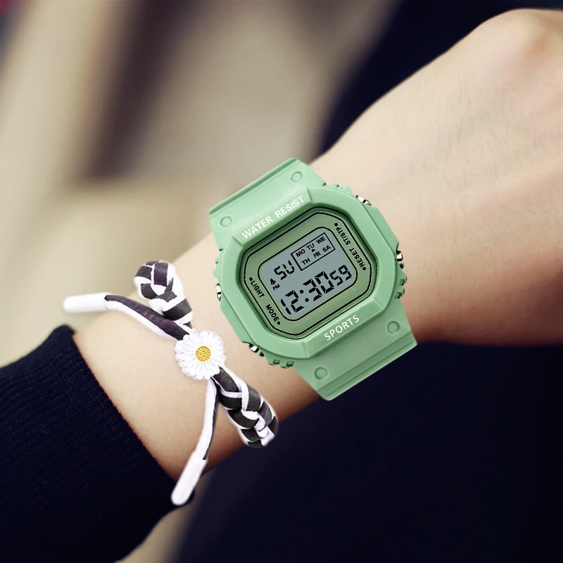 Pop Vogue Women's Watches Digital Green Watch Multifunction Women Watches Unisex Male Watch Rectangle Children Sport Watch