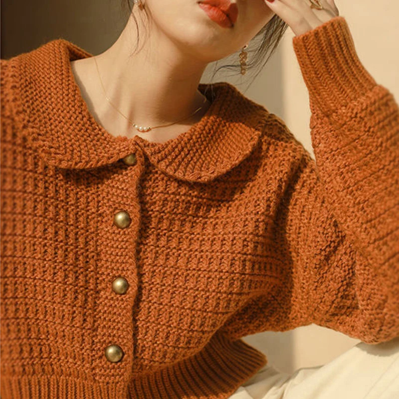 Autumn Orange Crop Top Sweater Peter Pan Collar Button Up Baggy Korean Fashion Knit Cardigan Sweater Coat Fall Winter Women 2021