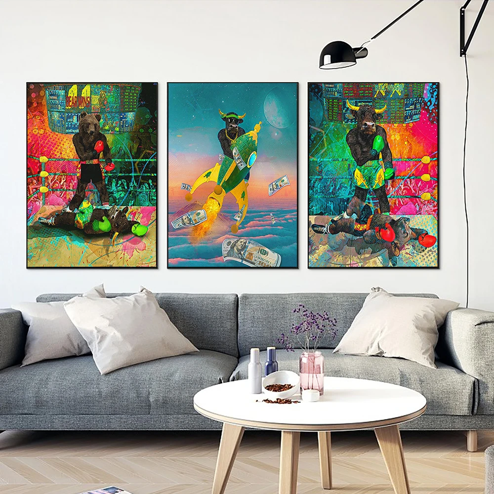 To The Moon Tiere Graffiti Rinder Bär Boxen Leinwanddrucke Gemälde Bull Money Kunst Wandbilder für Wohnzimmer Home Decor