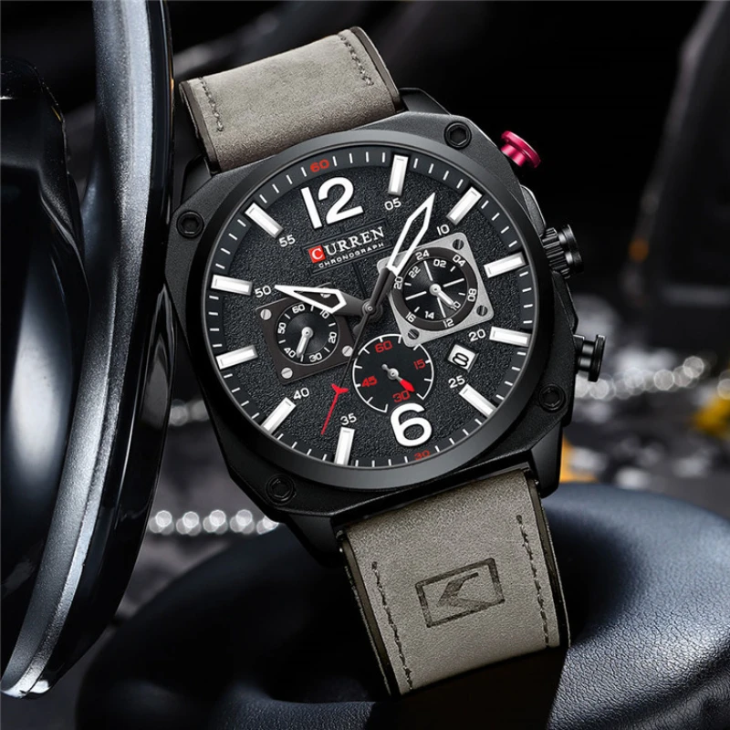 

CURREN Top Brand Luxury Mens Watch Chronograph Man WristWatch Calendar Sport Military Grey Genuine Leather Male Clock Gift Clock