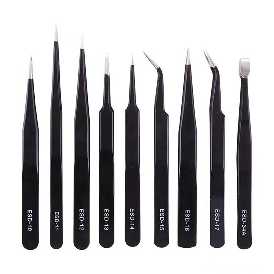 9Pcs Anti-Static ESDสแตนเลสสตีลแหนบชุดเครื่องมือบำรุงรักษาอุตสาหกรรมPrecisionโค้งตรงแหนบซ่อมเครื่องมือ