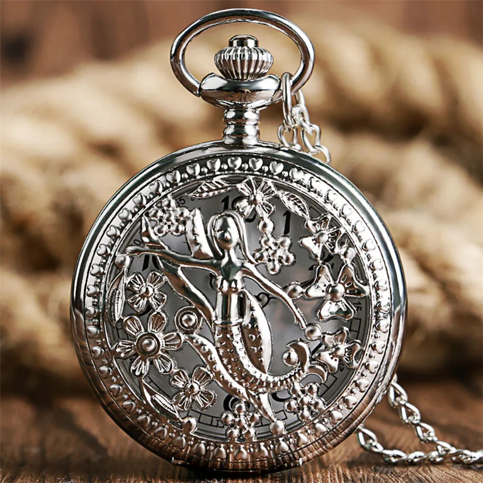 Hollow Exquisite Mermaid Necklace Quartz Pocket Watch Vintage Pendant Watch Arabic Numerals Analog Timepiece Retro Clock Gifts