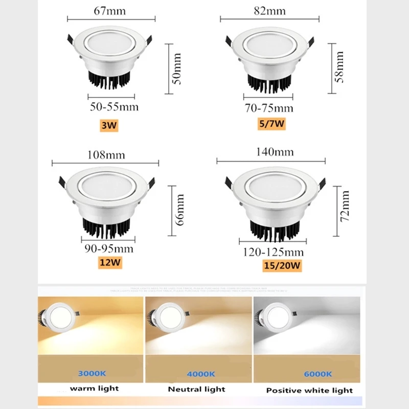 Srebrny ściemnialny wpuszczany LED światło punktowe COB 3W / 5W / 7 W/W 12W 15W wpuszczane oświetlenie sufitowe LED punktowe światło punktowe 3000K