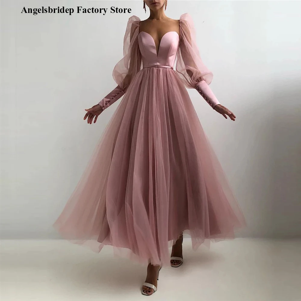 Angelsbridep 2021 Dusty Pink Tulle A Line Prom Dresses Puff Long Sleeves Buttons Sweetheart Ankle Length Formal Party Gowns