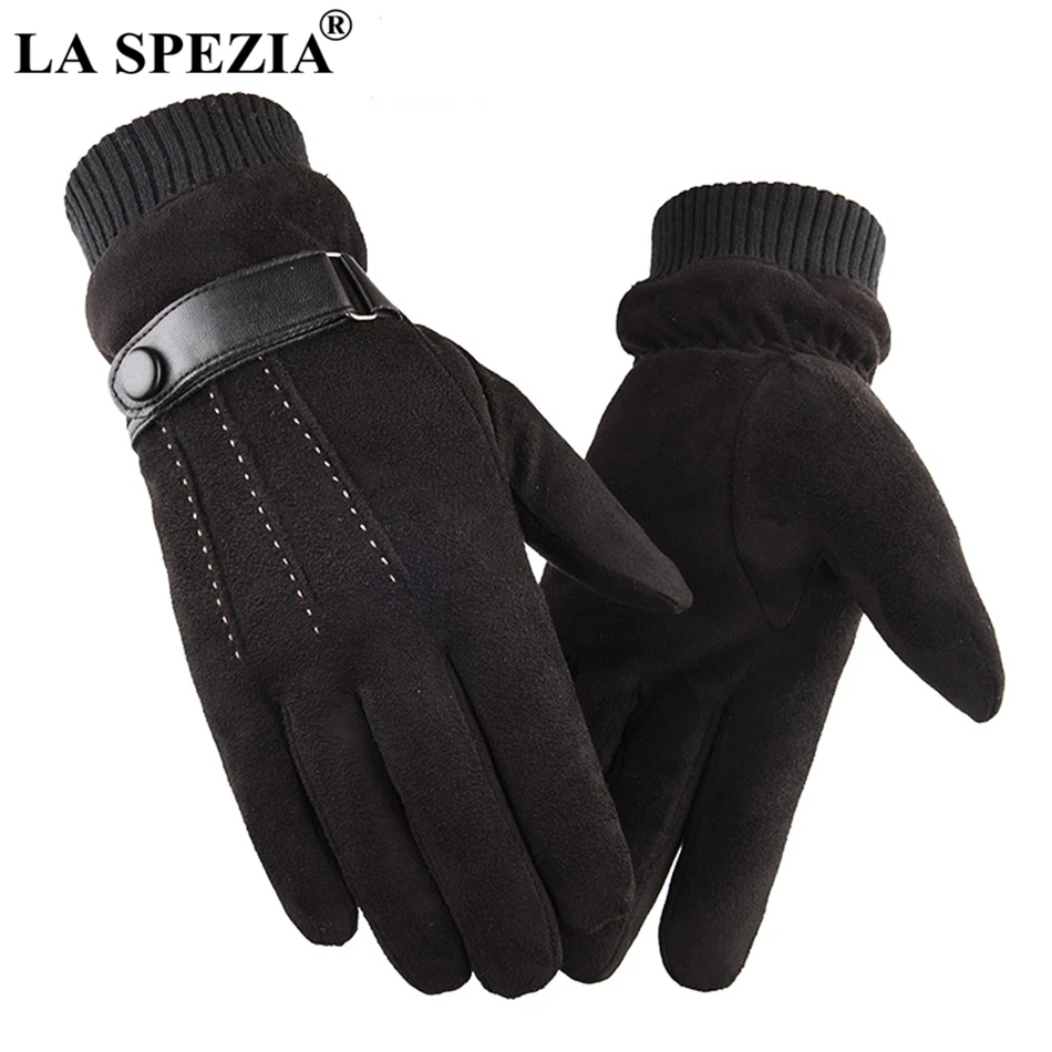 LA SPEZIA Men Gloves Winter Touch Screen Suede Gloves With Belt Navy Blue Casual Thermal Male Thick Leather Gloves Man Windproof