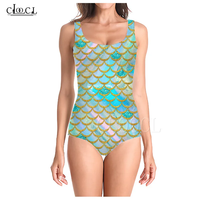 2021 Newest One-piece Swimsuit Girl Bathing Suit Fish Scale 3D Print Sleeveless Slim Sportswear Women Colorful Swimwear