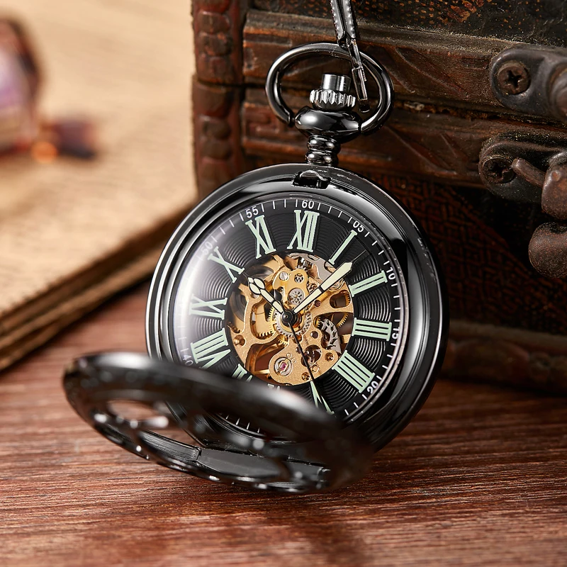 Luminous Flower Mechanical Vintage Hollow Skeleton Pocket Watch Black Round Dial Antique Pendant Clock Retro Gifts Men Women