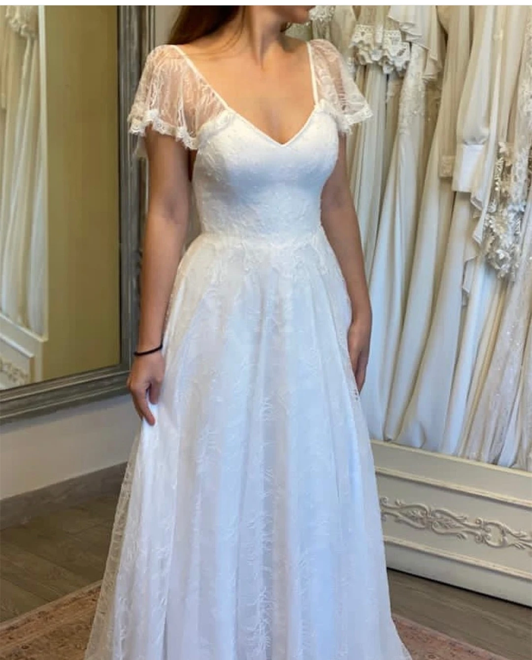 Vestido De novia De corte en A, bohemio, con cuello en V, encaje hasta el suelo, espalda baja, manga corta, encantador