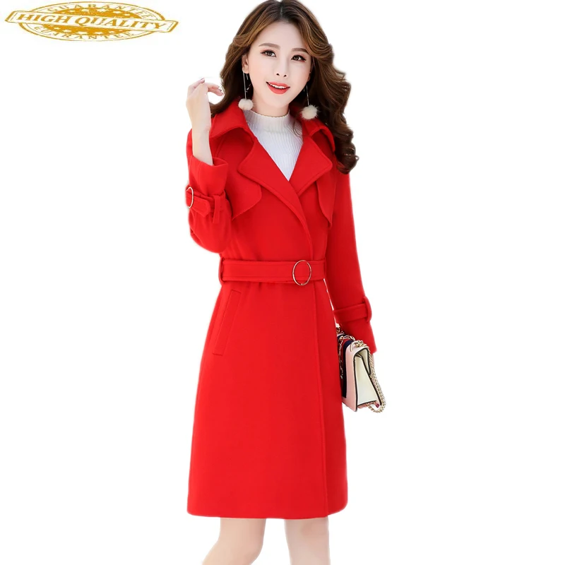 

Woolen Casaco Feminino Long Coat Women's Coats Elegant Korean Autumn Red Coat Female Fashion Slim Abrigo Mujer KJ174