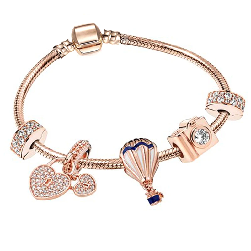 European Heart-shaped Pendant Charm Bracelet Fit Women\'s Jewellery Snake Chain Rose Gold Metal Fashion Fine Bracelets