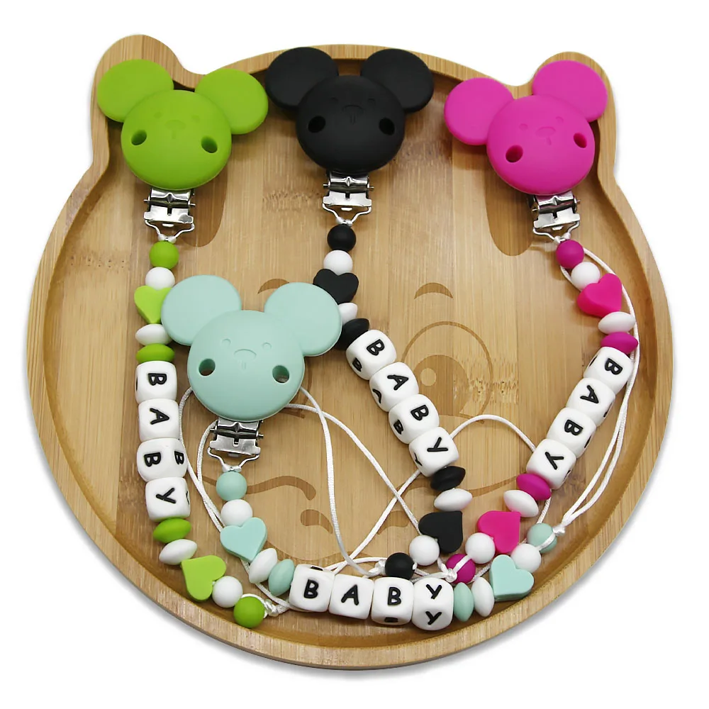 Cute-idea 1Pcs Silicone Personalised Name Baby mouse Pacifier Clips Beads Silicone heart Pacifier Chain Holder Baby goods Gifts