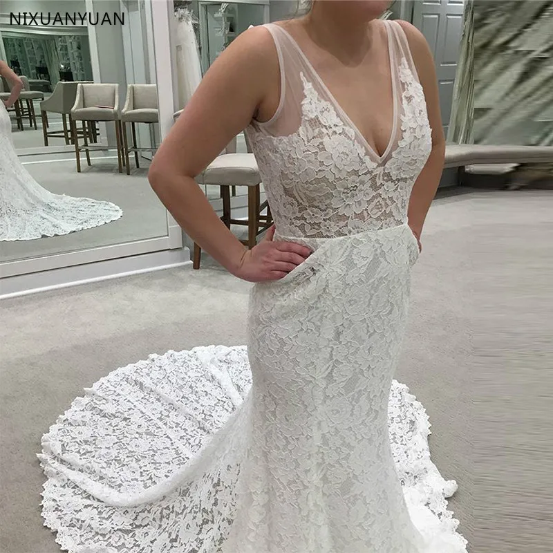 

Lace Wedding Dresses Sexy V-neck Sleeveless Long Bridal Gowns Mermaid Style Court Train Robe De Mariee