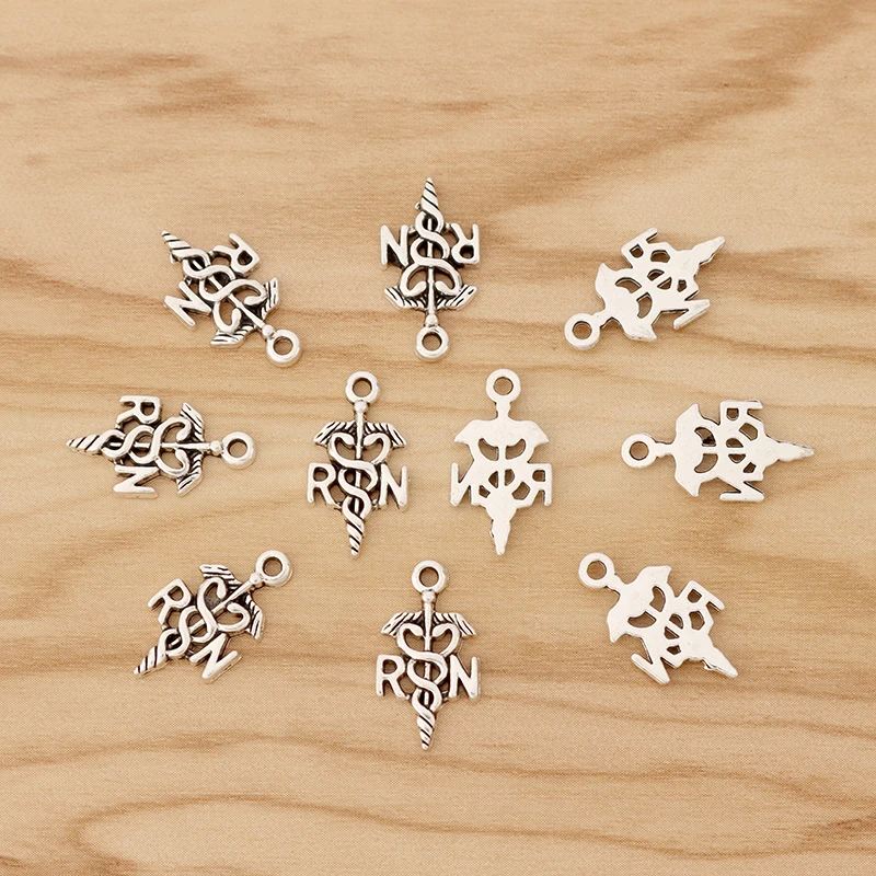 50 Pieces Tibetan Silver Registered Nurse Caduceus Medical Charms Pendants Beads for DIY Bracelet Jewellery Making Accessories