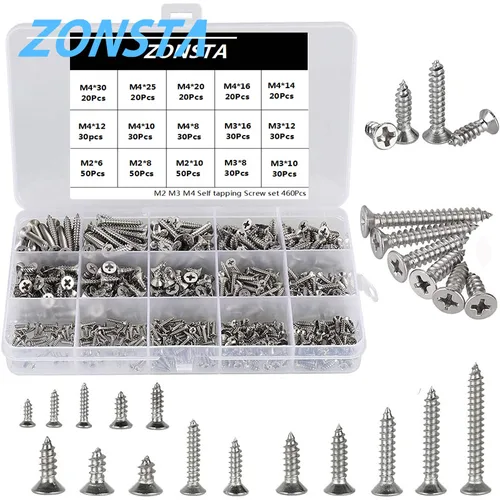 Imagen 1 del producto Juego de tornillos de rosca de cabeza plana avellanada M2 M3 M4, 460 Uds., kit surtido de tornillos de madera empotrados en cruz pequeña de acero inoxidable 304