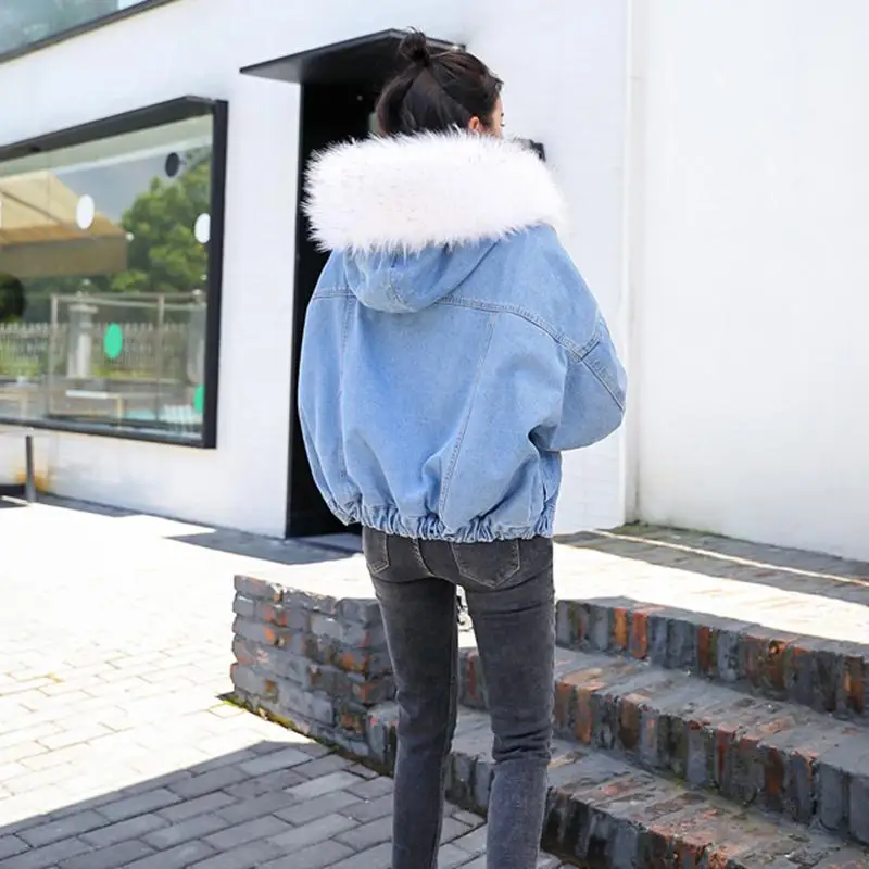 Winter Fur Denim Jacket Women Fashion Faux Rabbit Fur Blue Jeans Jacket Coat with Warm Lining Female Fur Collar Oversize Outwear