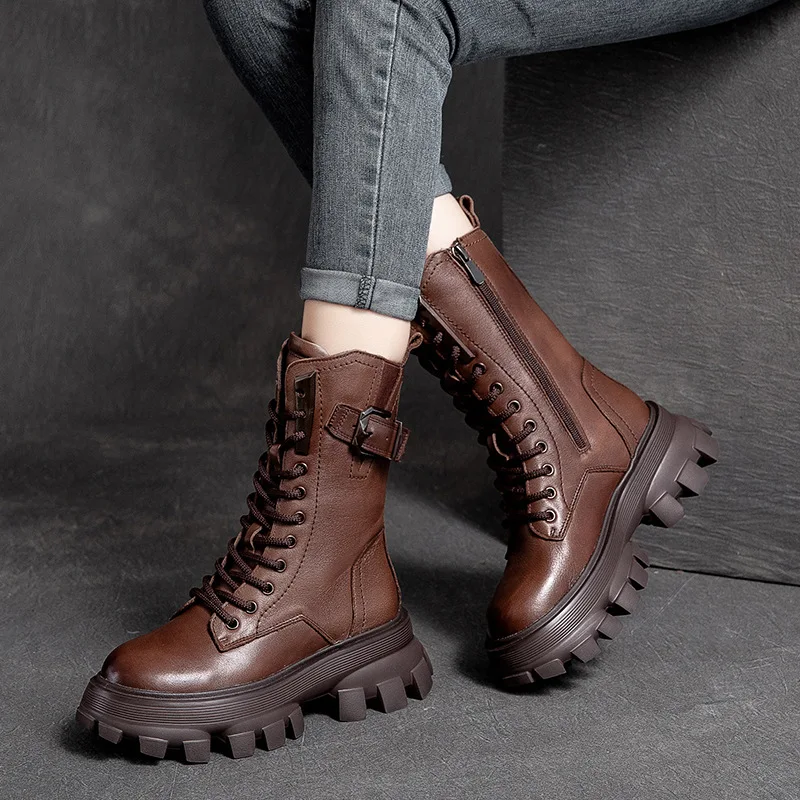 GKTINOO Retro Vintage Platform Female Mid-Calf Boots Handmade Round Toe Med Heels Shoes For Women Genuine Leather Boots Woman