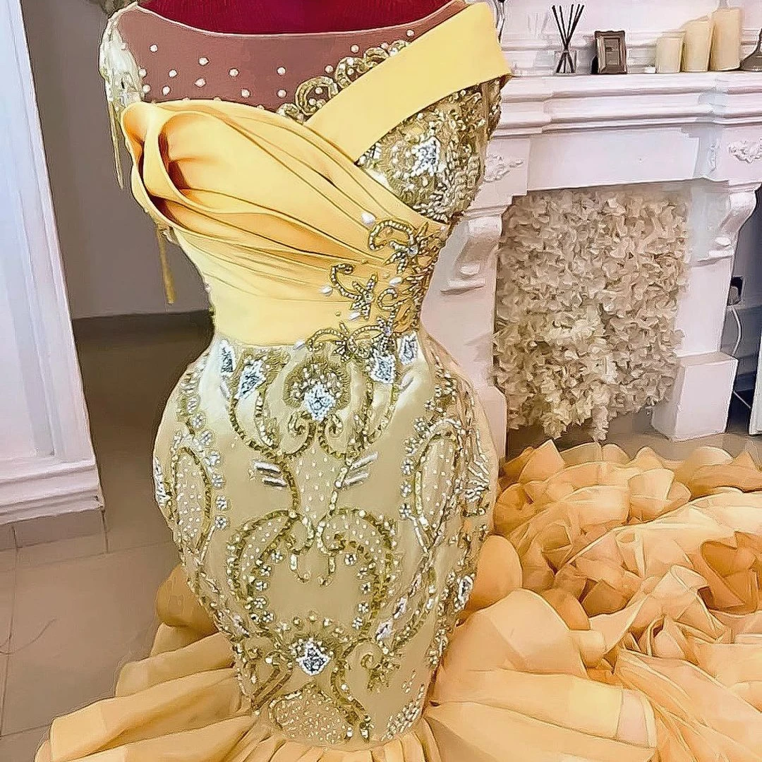 Gold Ruffles Mermaid Prom Dresses  Sheer Neck Appliques Beads Tiered Puffy Bottom Plus Size Evening Gowns Aso Ebi Party Dress