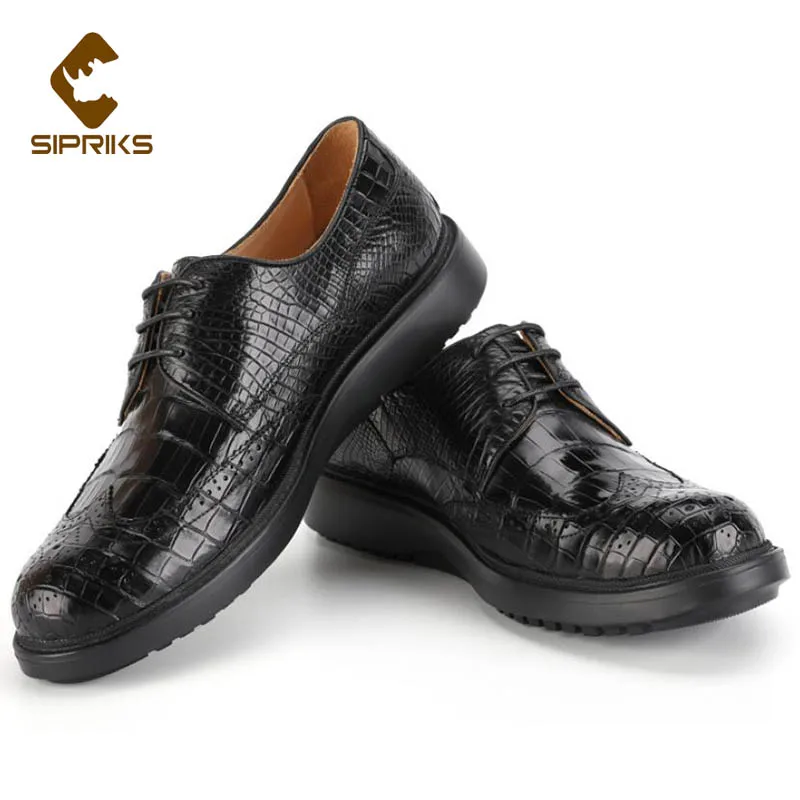 Sipriks Sepatu Kulit Kasual Pria Sepatu Derby Kulit Buaya Asli Sepatu Santai Bisnis Bos Hitam Elegan Pesta Pernikahan Karet