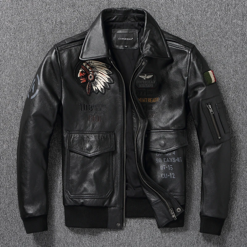 COPERSIAN 2022 latest Indian Embroidery Flight Suit Pure Top layer Cowhide Leather Jacket Men's Oversize Motorcycle Slim Coat