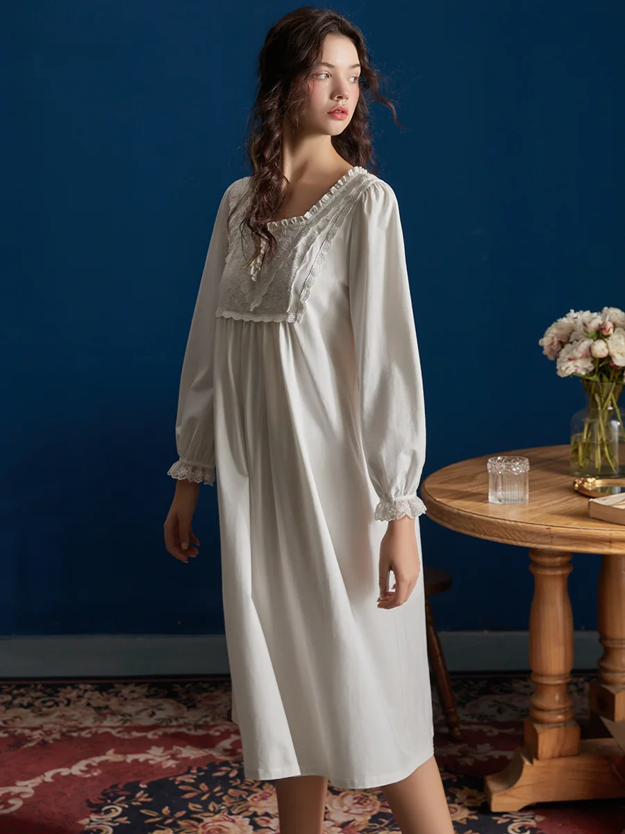 Hanxiuju Vintage Embroidery Long Nightgowns For Lady Spring Autumn Long Sleeve Elegant Delicate Loose Nightshirts Homewear