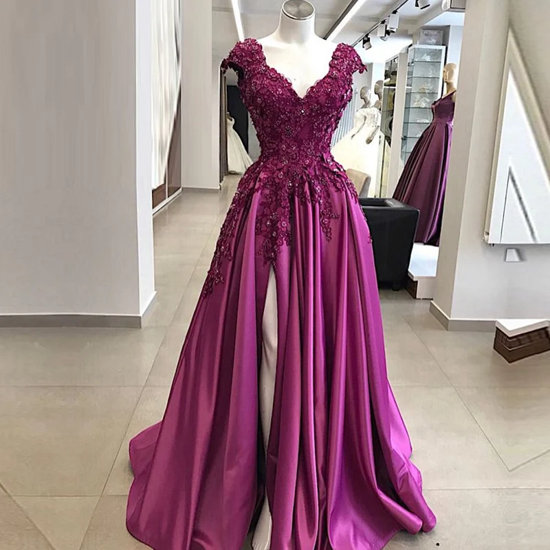 

Elegant Long Purple V-Neck Prom Dress abendkleider 2022 Sexy High Slit Beaded Applique vestidos de fiesta largos Evening Gowns