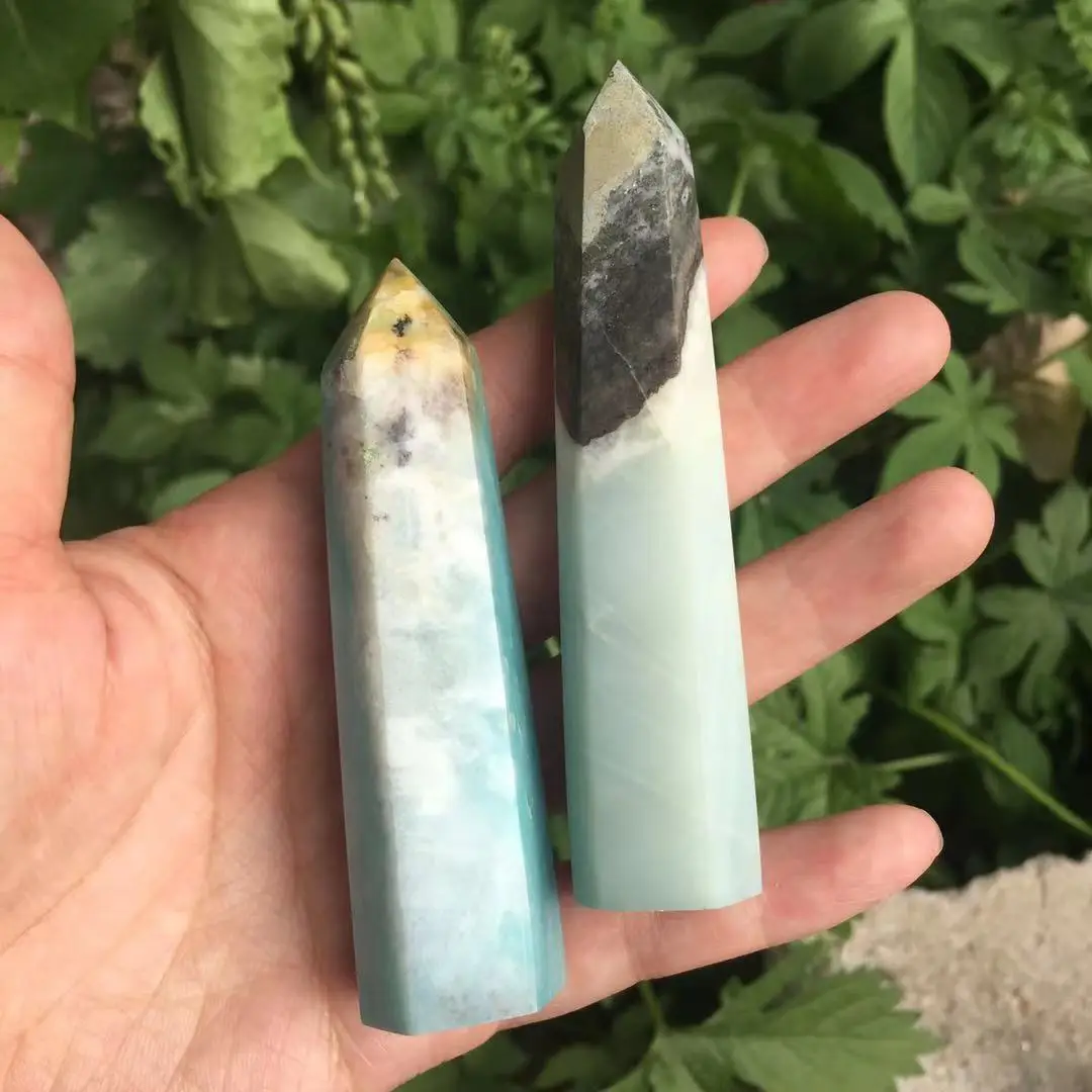 Natural Caribbean Calcite Crystal Hexagon Wand Single Point Sky Blue Healing Stone Tower For Decoration